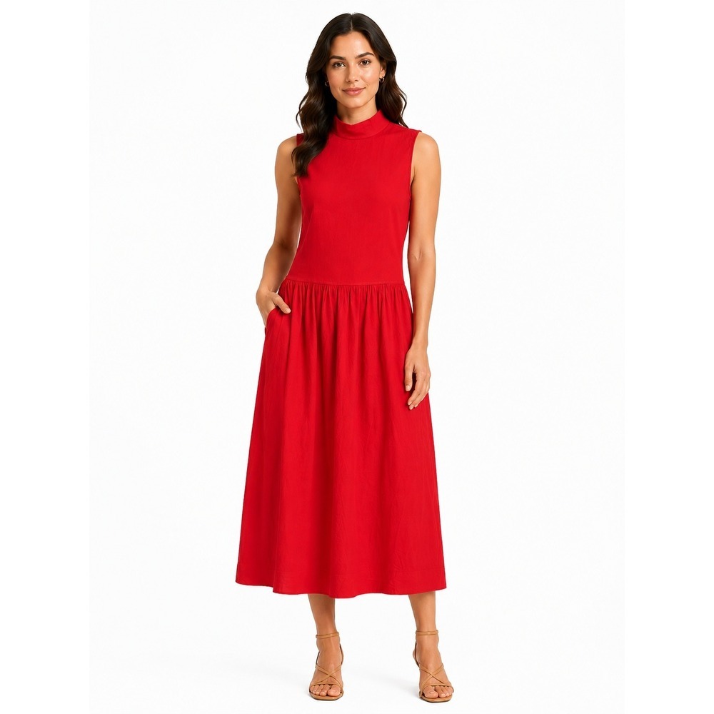 Free People Free Est Red Cotton Mock Neck Drop Waist Maxi Dress Medium